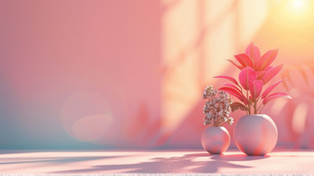 3d render of pink flower in vase with sunlight background.の素材