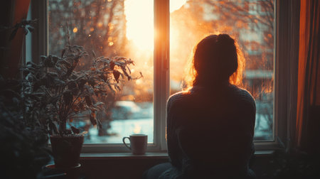 Silhouette of a girl sitting on the windowsill at sunsetの素材
