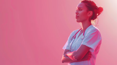 Portrait of a confident young African American female doctor in white medical coat standing sideways with folded arms on pink background. Healthcare professional mockup with copy.の素材