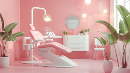 Modern pink dental office interior with dental chair, mirror, white table and green plants in flowerpots. Stylish medical room mockup without people, clean and professional design.の素材