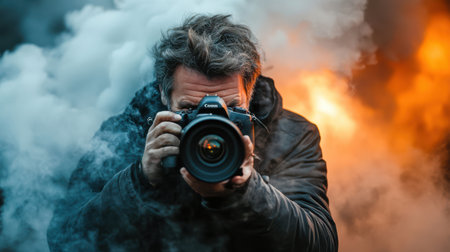 Photographer with a camera on the background of fire and smoke.の素材