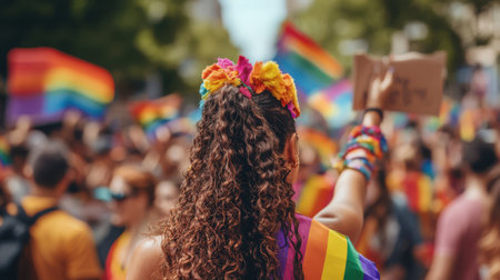 Rear view of a young woman holding a rainbow flag at a pride paradeの素材