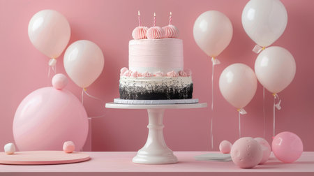 Birthday cake with pink and white balloons on pink wall background.の素材