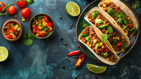 Traditional Mexican tacos with juicy meat, vegetables, salsa, lime, and chili pepper served on a round plate over blue textured background. Top view, perfect for food mockup.の素材