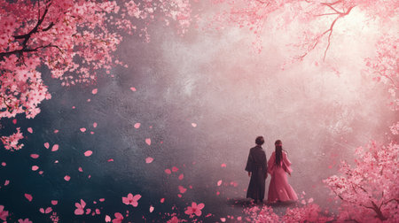 Couple in love with cherry blossom background. Romantic love conceptの素材