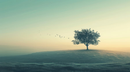 Lonely tree in a meadow at sunrise. 3d renderの素材