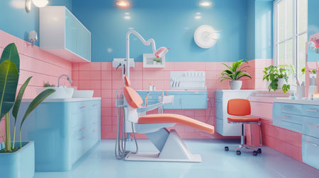 Interior of a modern beauty salon with pink and blue walls. 3d renderingの素材