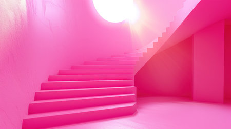 3d rendering of pink stairs in a room with light from the ceilingの素材