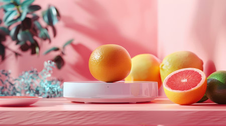 Citrus fruits on white scale on pink background. Healthy eating conceptの素材