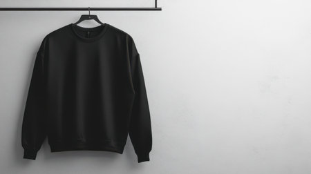 Black sweatshirt on hanger on white wall background. Mock upの素材