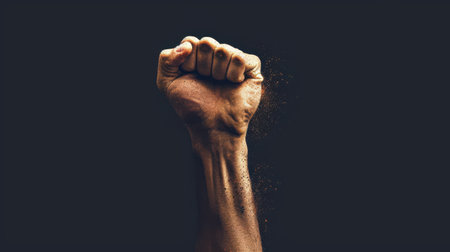 Close-up of a clenched male fist isolated on black background. Powerful symbol of strength, determination, resistance, and unity. Ideal concept for courage, power, protest visuals.の素材