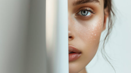 Close-up portrait of young beautiful woman with makeup looking through the windowの素材
