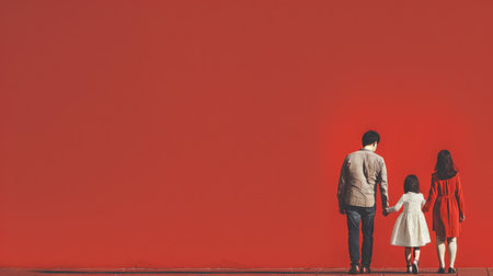 Back view of family holding hands and looking at red wall with copy spaceの素材