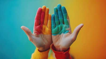 Hands of a young woman with a rainbow flag painted on her palmsの素材