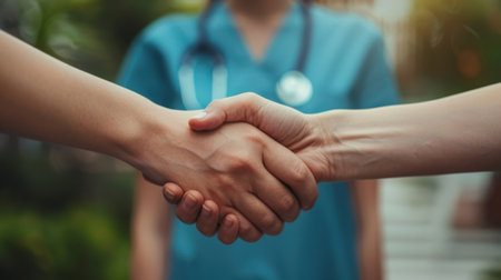 Doctor and patient shaking hands. Healthcare and medical staff service concept.の素材