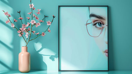 Beautiful woman face with flower in vase on blue wall background. Mock up, 3D Renderingの素材
