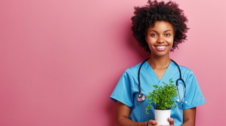 Portrait of a smiling African American nurse in blue uniform holding a green potted plant on a pink background. Concept of healthcare, wellness, positivity, and eco-friendly.の素材