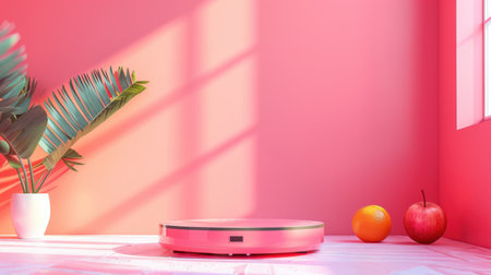 Pink kitchen scale with oranges and palm leaf on white table against pink wall. Minimalist mockup for weight control, slimming, diet, and healthy eating concept. Clean and fresh.の素材