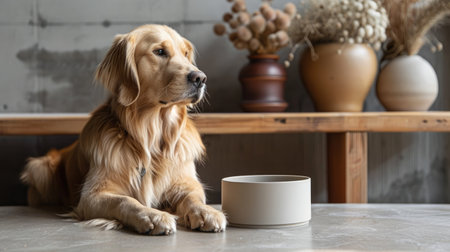 Golden retriever dog lies calmly on a stylish table next to a simple food bowl, with decorative vases and dried flowers creating a warm atmosphereの素材