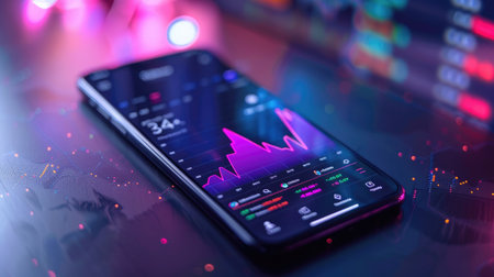 Mock up of smartphone featuring financial graphs and statistics on a glossy surface, enhanced by colorful lighting and digital elements, showcasing technology and investment insightsの素材