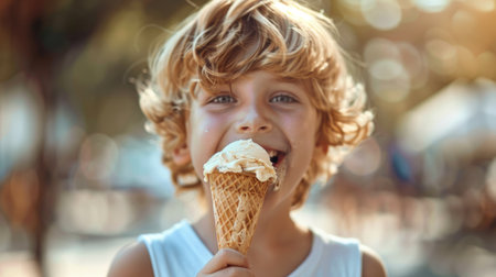 Happy young boy is savoring an ice cream cone, with a bright smile in a sunny outdoor environment, capturing the essence of childhood joy and carefree momentsの素材