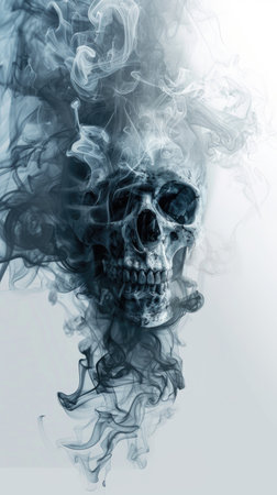 Skull emerges from dark swirling smoke, creating a haunting visual effect that evokes feelings of mystery and contemplation about life and deathの素材
