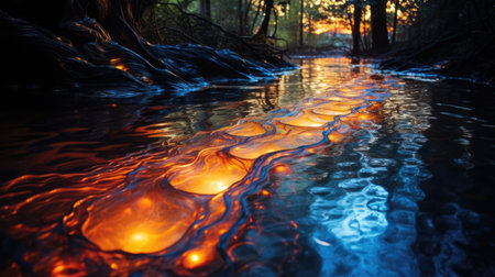 Tranquil river meanders through lush forest, capturing stunning reflections of sunset colors, creating a peaceful ambiance with water and nature elementsの素材