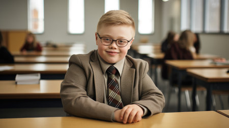 Confident young boy with Down syndrome in a suit is seated at a school desk, smiling warmly in a bright classroom with fellow students in the backgroundの素材