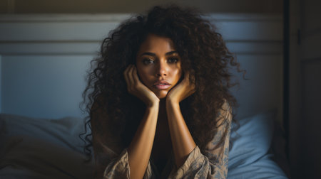 Thoughtful African American woman with curly hair is sitting on a bed, resting her chin on her hands in a softly lit room, creating a serene and contemplative atmosphereの素材