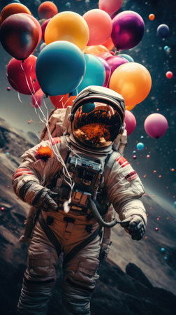 Space explorer in a white suit, grasping vibrant balloons, amidst a starry backdrop, conveying a sense of wonder and adventure in outer spaceの素材