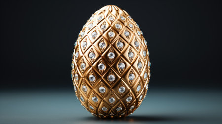 Luxurious golden egg embellished with shimmering gemstones, showcasing detailed diamond patterns, placed on a sleek surface with a dark backdrop, exuding sophistication and opulenceの素材