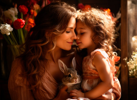 Mother and daughter share a heartfelt moment, holding a rabbit in a floral environment, with colorful blooms and soft light creating a warm atmosphereの素材