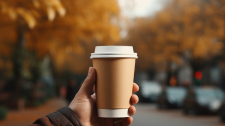 A hand is holding a disposable coffee cup in front of a blurred street filled with autumn foliage, capturing the essence of cozy moments and seasonal beautyの素材