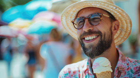 Happy man with beard, wearing sunglasses and straw hat, is savoring ice cream cone outdoors, with colorful umbrellas creating a lively summer sceneの素材