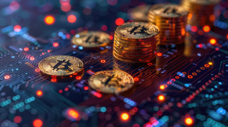 Golden cryptocurrency coins are stacked on a colorful circuit board, highlighting the intersection of finance and technology, representing digital currency and investment potentialの素材