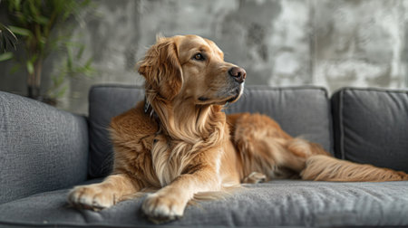 Relaxed golden retriever dog is lying on a gray sofa, surrounded by a stylish living room atmosphere, highlighting comfort and tranquility in a cozy settingの素材