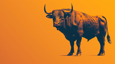 Illustration features a strong bull positioned against a bright orange backdrop, emphasizing its muscular form and dynamic presence in a captivating designの素材