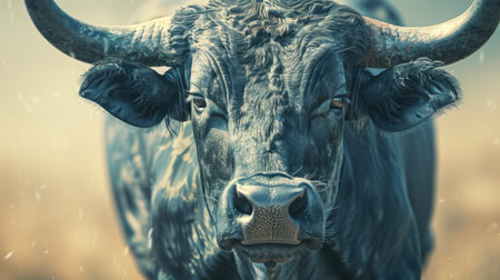 Strong black bull with impressive horns stands in a sunlit field, displaying its robust build and calm demeanor amidst a serene rural landscapeの素材