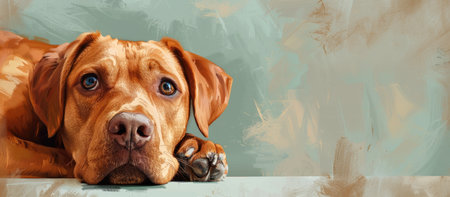 A brown dog with soulful eyes rests its head on a surface, highlighting its soft fur and gentle expression, creating a warm and inviting atmosphereの素材