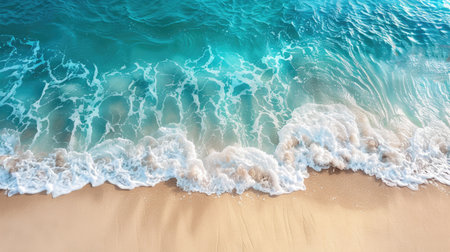 Ocean waves gently wash ashore on a sandy beach, creating a peaceful coastal atmosphere with vibrant turquoise water and soft foam, perfect for relaxationの素材