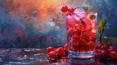 Cherry cocktail with ice and mint leaves in a clear glass, surrounded by fresh cherries on a colorful abstract surface, highlighting refreshing beverage aestheticsの素材