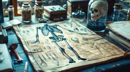 Detailed anatomical illustration of a human skeleton on a rustic wooden table, surrounded by jars and books, creating an intriguing atmosphere of discovery and learningの素材