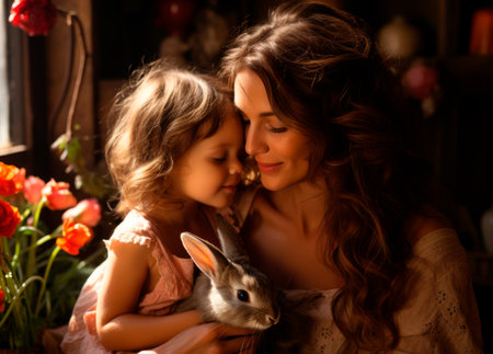 A woman gently holds a rabbit while embracing a young girl in a warm, inviting indoor space adorned with vibrant flowers, showcasing a loving bondの素材