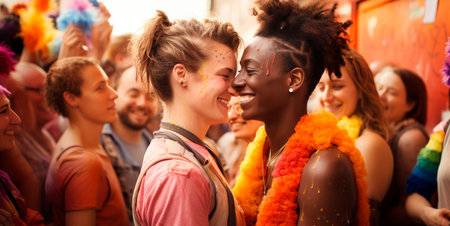 Two women, one with short hair and colorful clothing, share a joyful embrace at a lively celebration, surrounded by a diverse crowd, radiating love and acceptanceの素材