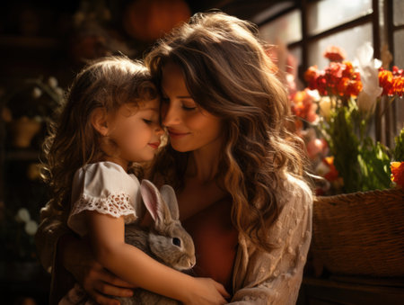 A mother and daughter share a tender moment indoors, surrounded by vibrant flowers and warm light, holding a fluffy rabbit, showcasing love and affectionの素材