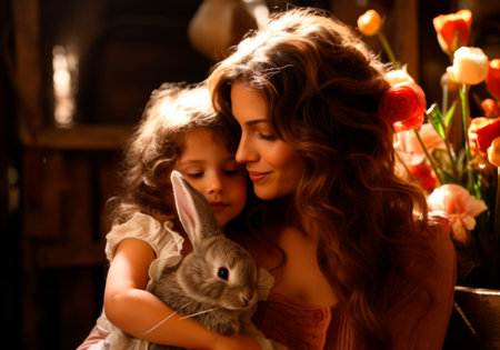 A woman and a young girl share a warm embrace with a rabbit in a beautifully decorated space filled with vibrant flowers, showcasing affection and joyの素材