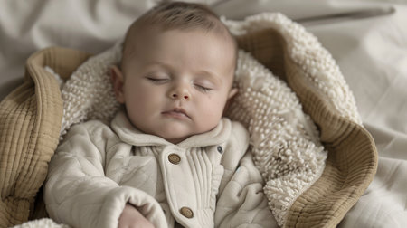 Baby peacefully sleeping in soft blanket, dressed in cozy attire, resting on a bed, evoking feelings of warmth and tranquility in a family settingの素材