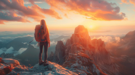 Woman hiker with a backpack stands on a rocky summit, admiring a stunning sunset illuminating the mountain landscape, capturing the essence of outdoor adventureの素材