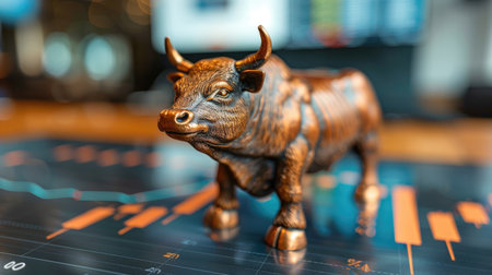 Bronze bull figurine on financial chart, representing market trends and investment opportunities, with blurred stock market data in the background creating a dynamic atmosphereの素材