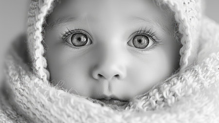 Baby with captivating eyes is snugly wrapped in a soft knitted blanket, creating a peaceful atmosphere, emphasizing comfort and innocence in black and whiteの素材